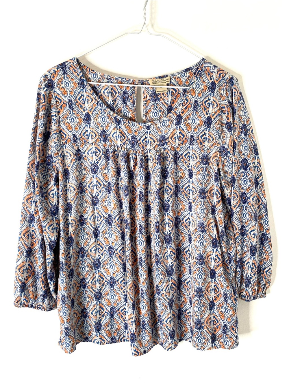 Lucky Brand Boho Peasant Blouse Blue Orange Medallion Print Rayon Top - Picture 1 of 7